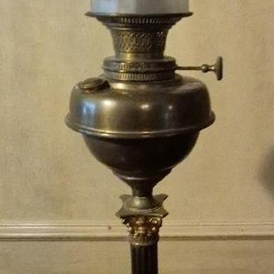 Antique Victorian Column Brass Oil Lamp, 27" Tall X 7" Wide