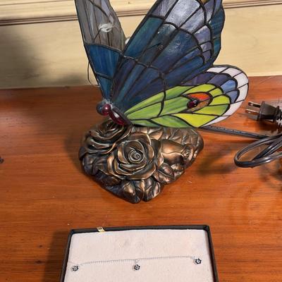 Tiffany Style Stained Glass Butterfly Lamp & (2) Ankle Bracelets 