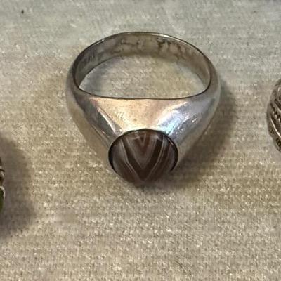 Vintage Sterling Silver Ring Lot – Botswana Agate, Green Jade, Navajo Green Turquoise 