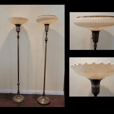 Pair of Vintage Brass Torchiere Floor Lamps with Glass Shades