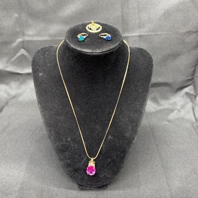 10k Yellow Gold Pendant & Necklace 3g | 10k Opal Earrings .88g | 10k Pendant w/ Pink Stone 4.19g