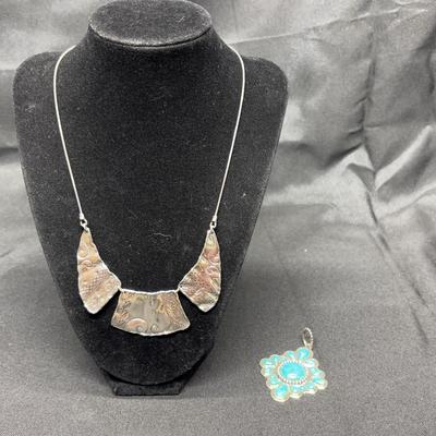 Sterling Silver 925 Statement Necklace & Turquoise Floral Pendant | Made in Thailand & Mexico