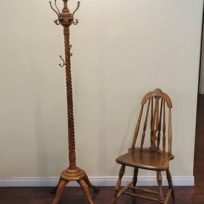 Vintage Oak Spiral Hall Tree Coat Rack & Windsor Style Side Chair