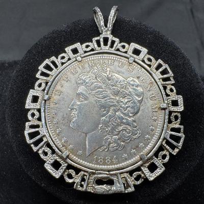 1884 O Morgan Silver Dollar Coin Pendant in Ornate Sterling Setting