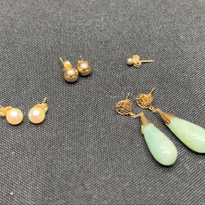 Pearl Studs, Possible Jade Drops and Gold-Tone Designs Earrings | Butterfly Backs Are Stamped 14k