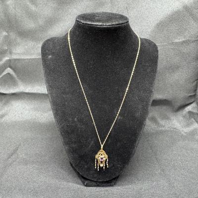 Yellow Gold 14k Vintage Amethyst Pendant With Seed Pearls & Filigree Necklace | 2.57g Total Weight