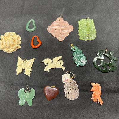 Elegant Carved Stone & Resin Pendants | Jade, Rose Quartz, Coral & More
