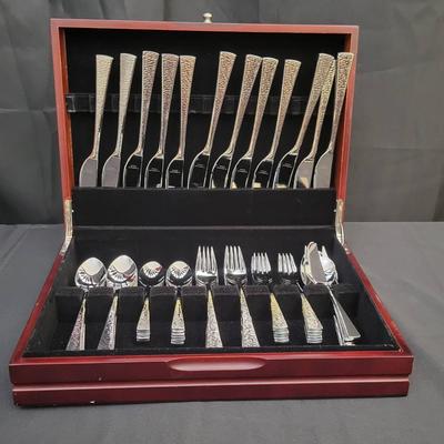 Gorham 18/10 Stainless Steel Flatware Set with Serving Pieces in Wood Chest