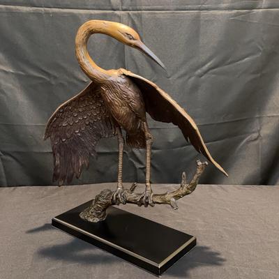 Bronze Heron Sculpture | Elegant Bird on Branch with Outstretched Wings