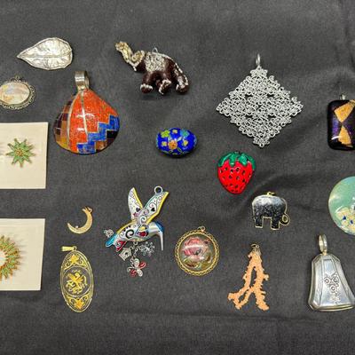Vintage & Artisan Costume Jewelry Lot | Pendants, Enamel Charms, Mosaic & Cameo Pieces