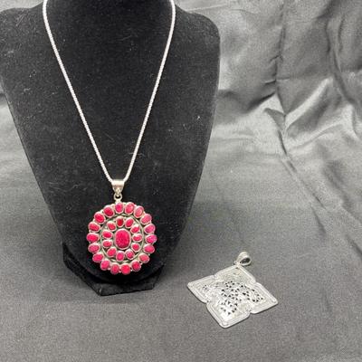 Sterling Silver Pendants & Necklace Stamped 925 | Ruby Like Stones & Filigree Designs