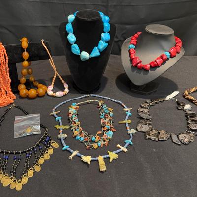Bold Statement Necklace Lot | Turquoise, Amber-Style, Carved Animal Fetish & Artisan Designs