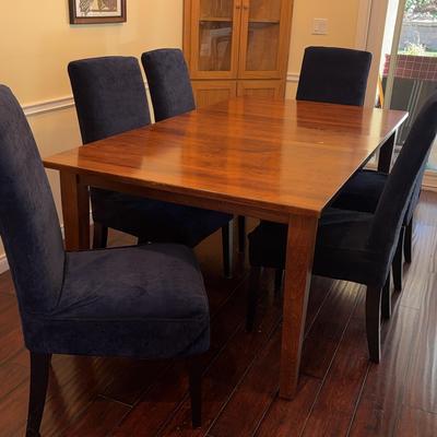 Douglas Furniture Dining Set | Mission-Style Wood Table w/ 3 Leaves & 6 Navy Velvet Parsons Chairs