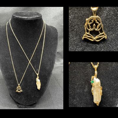 Yellow Gold 14k Pendant Of Two Kneeling Figures & Necklaces 3.01g | 14k Waterpearl w/ Stone 3.72g