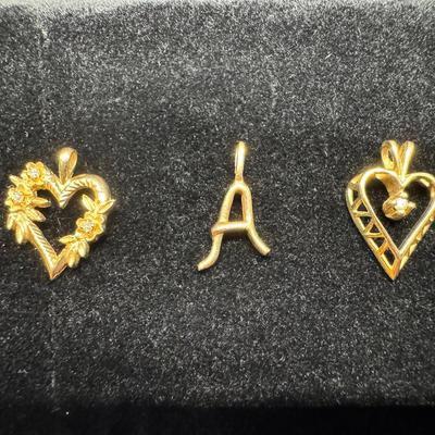 Yellow Gold 14k Hearts With Stones & Letter “A” Pendants | 2.51g Total Weight