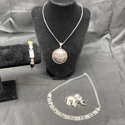 Silver Jewelry Stamped 925 | Moon Face Pendant, Elephant Necklace & Brooch, Beaded Bracelet