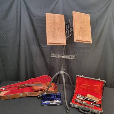 Musical Instrument Collection | Antique Violin, Normandy Clarinet, Gemeinhardt Flute & Iron Stand