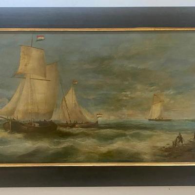 Large Antique Seascape Oil Painting On Canvas Signed.