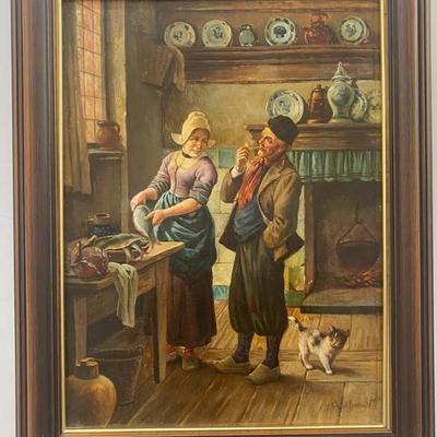 Antique Dutch Oil Painting On Masonite Signed.