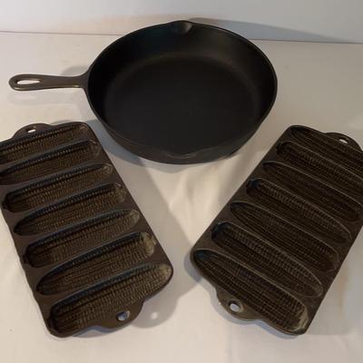 Cast Iron #8 10 5/8” Skillet & Two Cast Iron Cornbread Pans