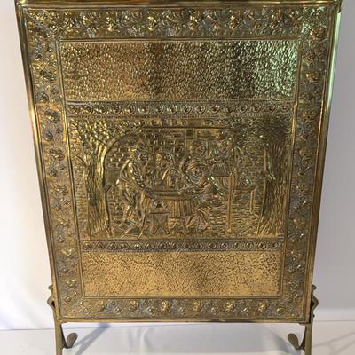 Vintage England Scene Embossed Brass Fireplace Screen