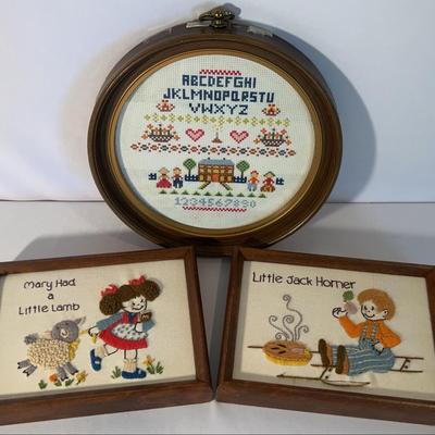 Crewel Framed Needlework Nursery Rhymes & Framed Cross-Stitch Sampler