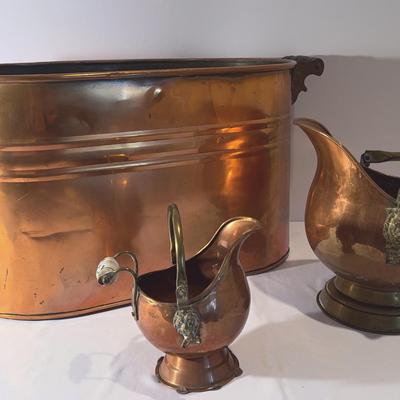 Vintage Copper And Brass Coal Scuttles And Copper Washtub