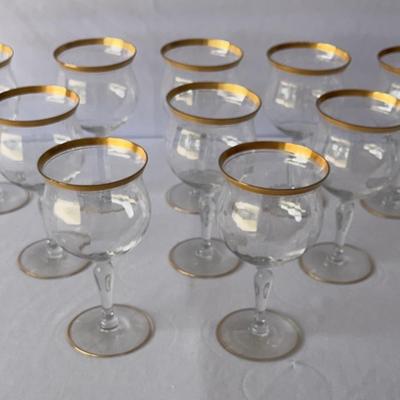 Vintage Ser Of 10 Glass Goblets W/Gold Rims