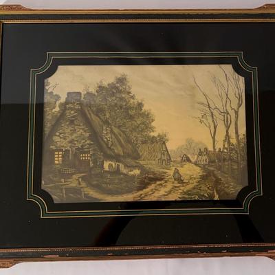 1929 DeFarriet "At Dusk" Signed Framed Print Country Village Cottages Lane Art