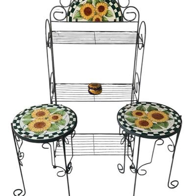 Wrought Iron 3-Tier Stand W/2 Mosaic Table & Mexican Ceramic Trinket Box