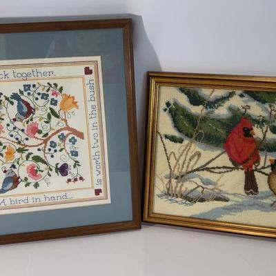 Framed Cross-Stitch “Birds Of A Feather” & Needlepoint “Winter Birds” Wall Art