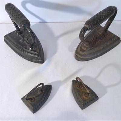 Vintage Cast Iron Flat Irons (2) And Miniatures (2)