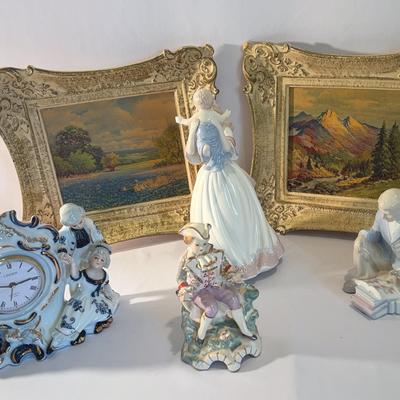 Vintage Timeless Porcelain - Linden Clock And Other Porcelain Figures And Paintings On Boards