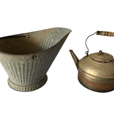 Vintage  Metal Tea Kettle & Coal Bucket