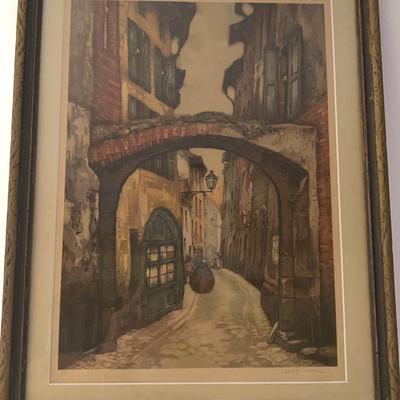Vintage European Street Scene Lithograph by Alfred G. Godwin - Signed Framed Print in Gilde...