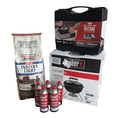 Weber Portable Grill, Coleman Butane Stove, Instant Light Charcoal & 6 Coleman Butane Fuel