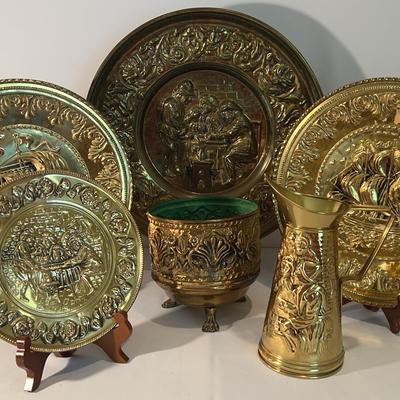 Vintage Brass Like Decor- Embossed Plates, Pitcher & Footed Pot