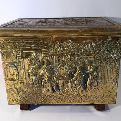 Vintage England Scene Embossed Brass And Wood - Firewood Or Coal Storage Box