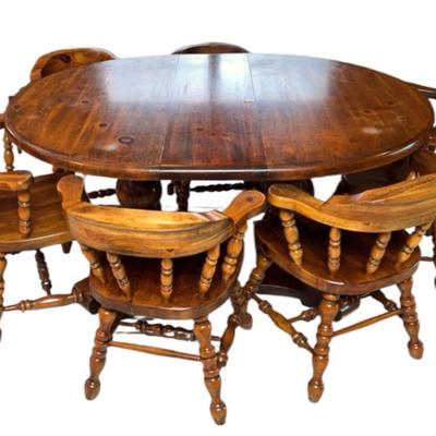 Wooden Dining Table W/Extension Leafs & Set Of 6 Captains Armchairs