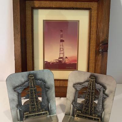 WALTER MCKENZIE “Oil Rig At Sunset” Framed Print & PAIR OF VINTAGE METZKE BOOK ENDS OIL RIG