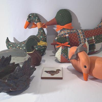 Vintage Patchwork Ducks, Wooden Duck, Duck Trivet, And Resin Swan