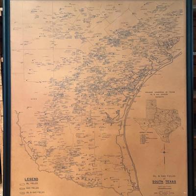 Large Vintage 1959 Oil And Gas Field Map Of South Texas