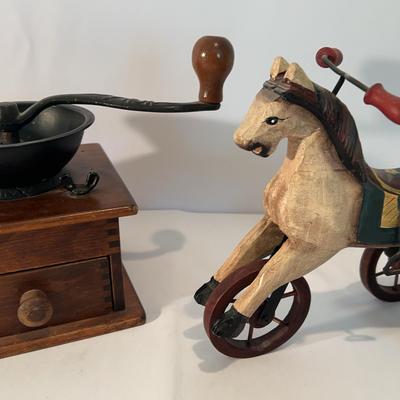 Antique Wooden Coffee Mill Grinder W/Drawer & Vintage Hand Carved Painted Wooden Horse Toy