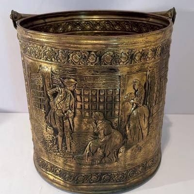 Vintage England Scene Embossed Brass Bucket