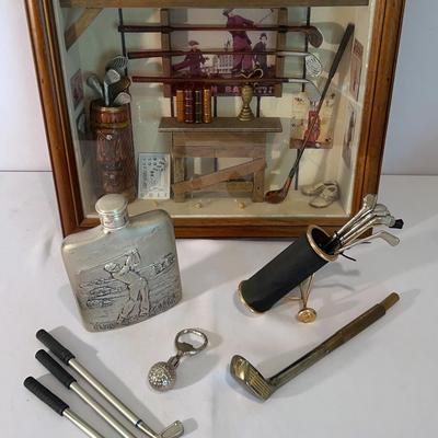 Vintage Golf Shadow Box/Diorama , Godinger Golfer Pewter Flask, Golf Club Pens & Bottle Opener