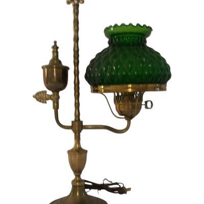 Vintage Brass Arm Student Lamp With Green Shade