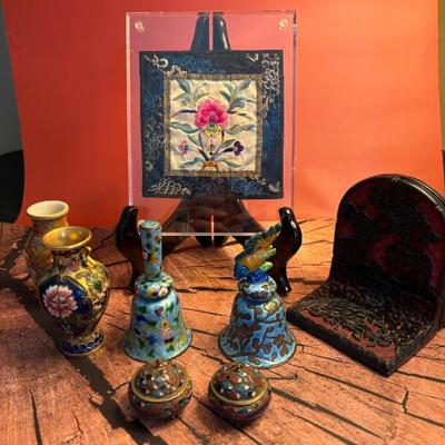 Antique Chinese embroidery, cloisonné and carved Chinese bookends