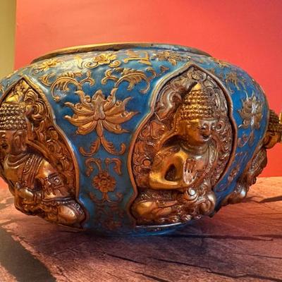 A very fine pair of Sino-Tibetan champleve gilt bronze alms bowls, 19th century