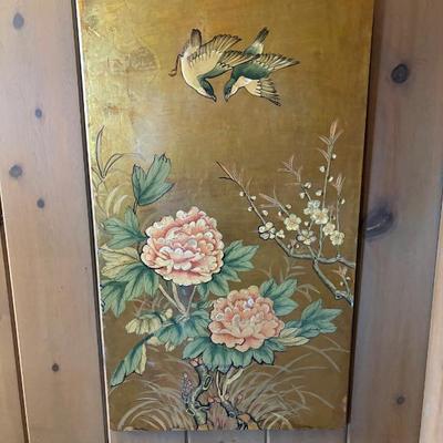 Very pretty Chinese painted panel with flowers and birds