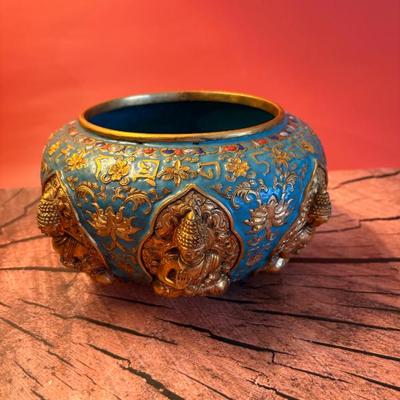 A very fine pair of Sino-Tibetan champleve gilt bronze alms bowls, 19th century